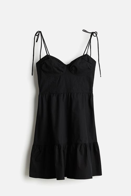 Tie-top poplin dress - black