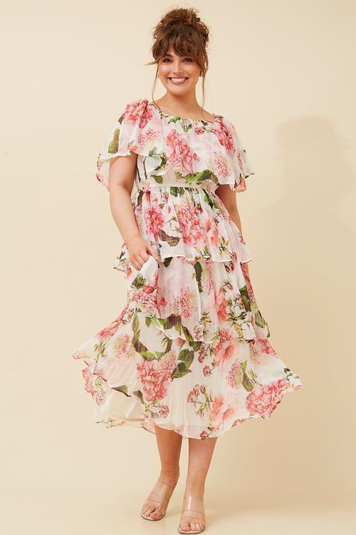 Pleated layered ruffle Dress with elastic neckline - Ivory Floral