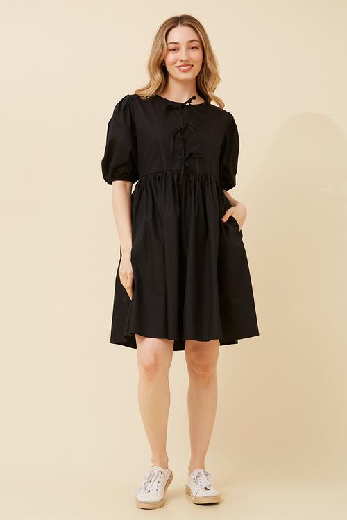 S/s puff Sleeve Midi Babydoll Dress - Black