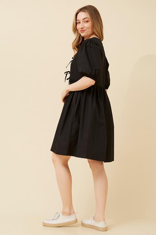 S/s puff Sleeve Midi Babydoll Dress - Black