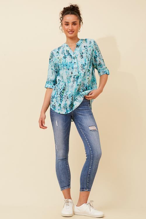s/s half placket oversized blouse - Blue
