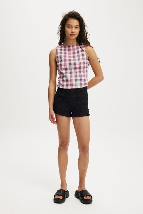 Alina Shirred Boat Neck Top - Harri Micro Check Fairy Dust