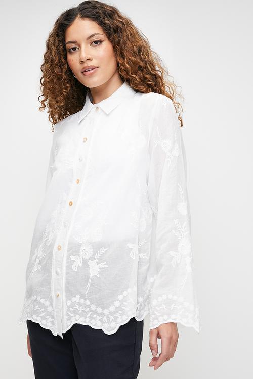 Embroidered voile blouse with scallop hem and sleeve end detail - White