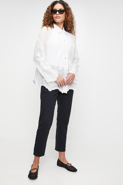 Embroidered voile blouse with scallop hem and sleeve end detail - White