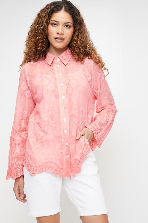 Embroidered voile blouse with scallop hem and sleeve end detail - Pink