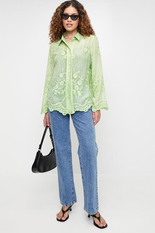 Embroidered voile blouse with scallop hem and sleeve end detail - Sage