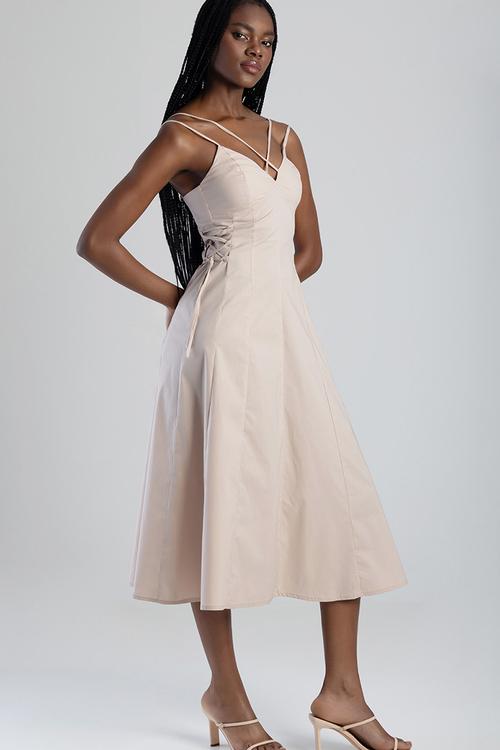 Fit And Flare Midi Dress With A V-Neckline And Strap Details - Stone