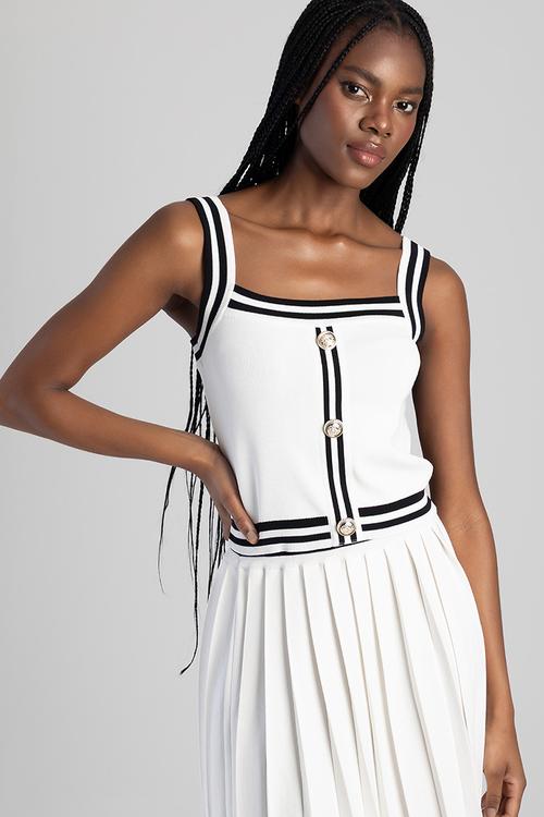 Dropping Hints: Strappy Knitwear Top With Contrast Stripes And Button Details - Black / White