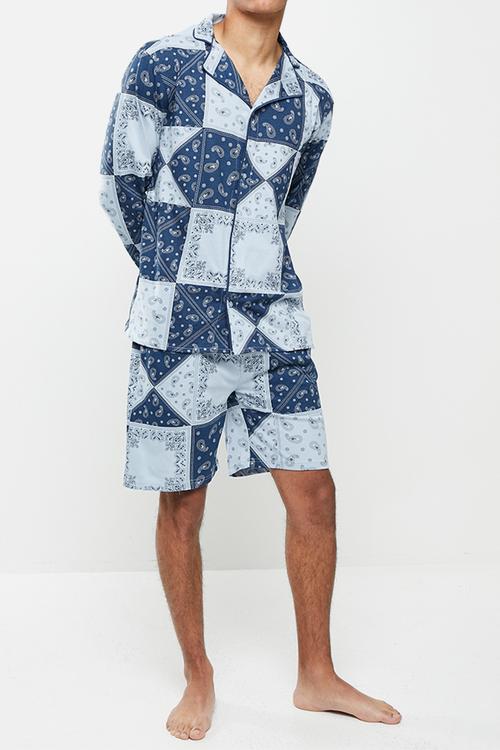 Paisley printed short sleeve shirt & shorts set - navy & blue