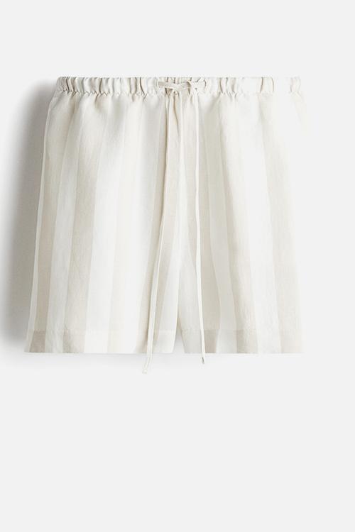 Linen-blend drawstring shorts - light beige/striped 