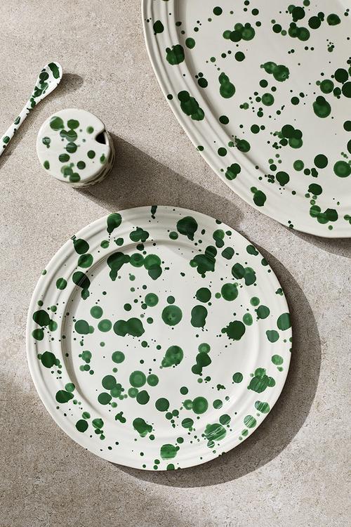 Large stoneware plate - green spotted
