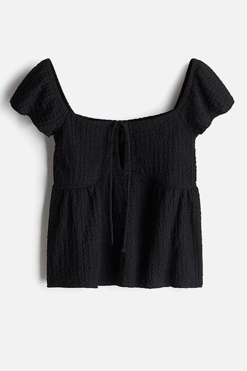 Crinkled flutter-sleeved top - black