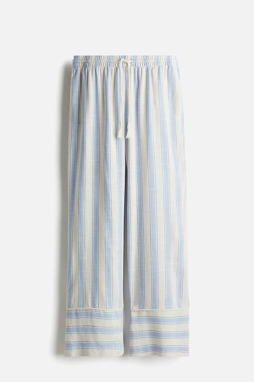 Straight drawstring trousers - light blue/striped 