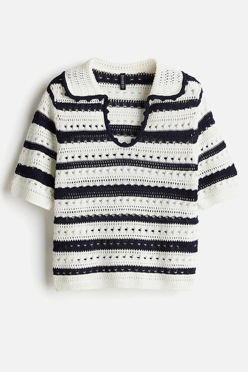 Collared hole-knit top - white & navy blue striped