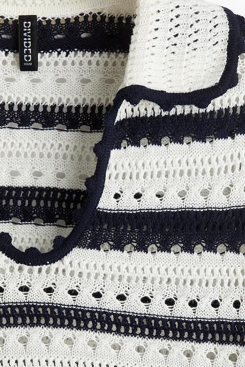 Collared hole-knit top - white & navy blue striped