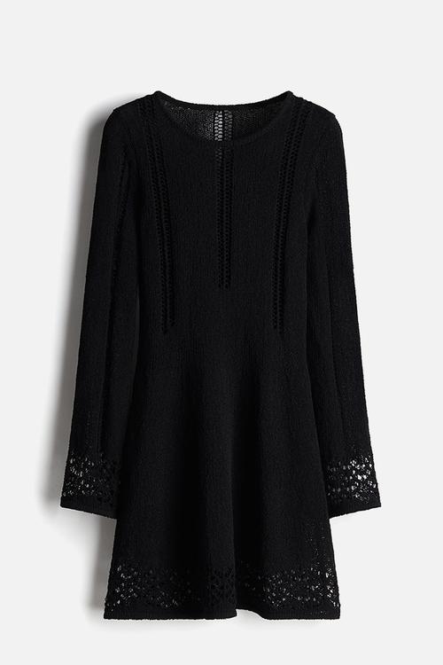 Hole-knit mini dress - black