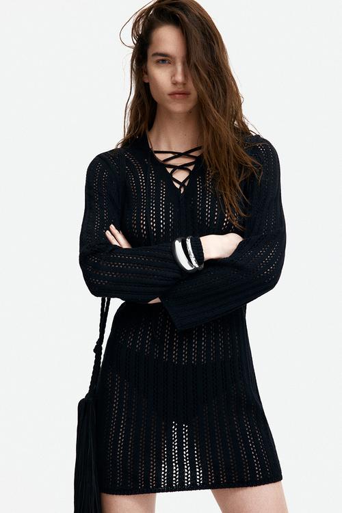 Lacing-detail hooded dress - black
