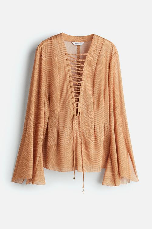 Lacing-detail chiffon blouse - beige snakeskin patterned 