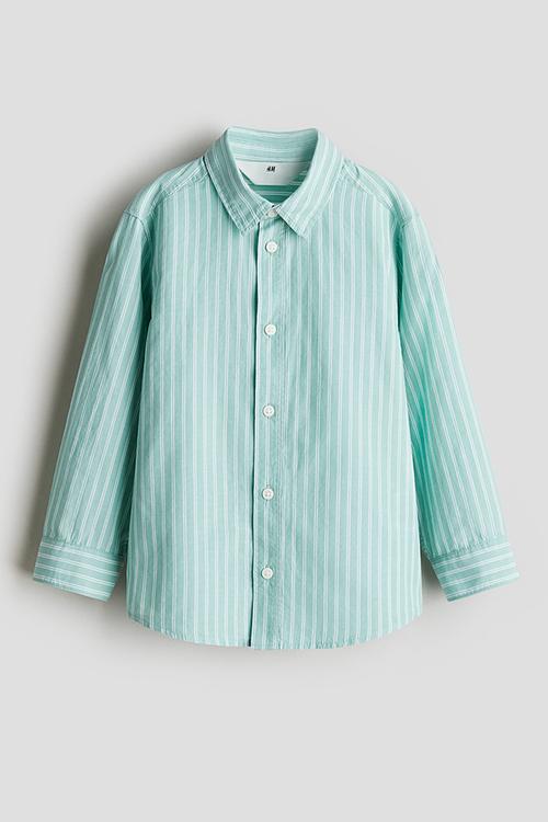 Long-sleeved cotton shirt - light turquoise/striped 