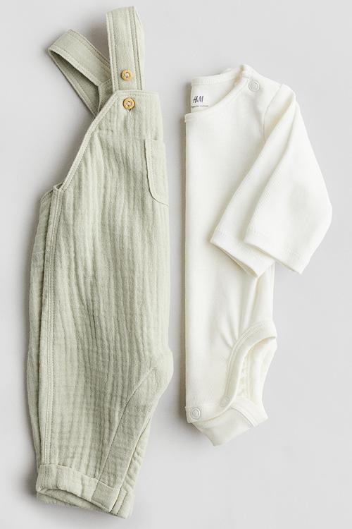 2-Piece cotton set - light green/white