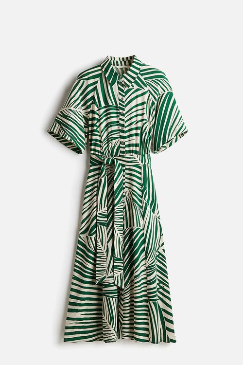 Tie-belt shirt dress - green patterned