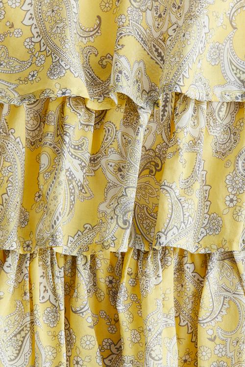 Tiered-skirt strappy dress - light yellow paisley-patterned