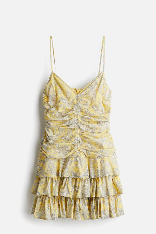 Tiered-skirt strappy dress - light yellow paisley-patterned