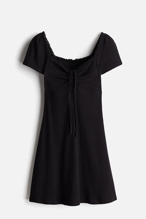 Lace-trimmed flared-skirt dress - black