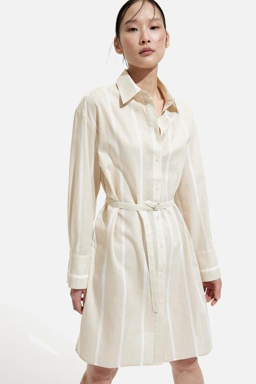 Linen-blend shirt dress - light beige striped