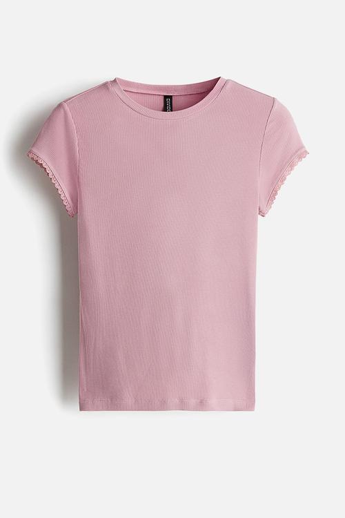 Lace-trimmed ribbed t-shirt - dusty pink