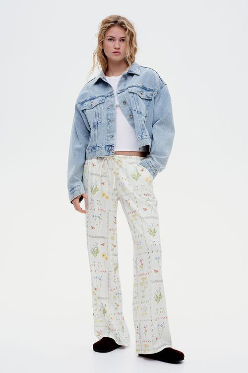 Straight drawstring trousers - cream floral