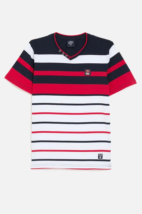 Boys v-neck y/dye stripe tee - navy