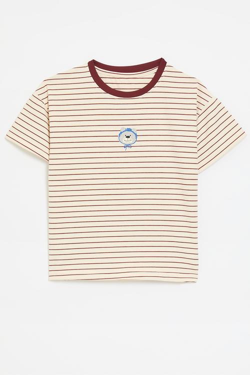 Striped tee - ecru & maroon