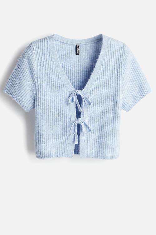 Tie-detail rib-knit top - light blue marl