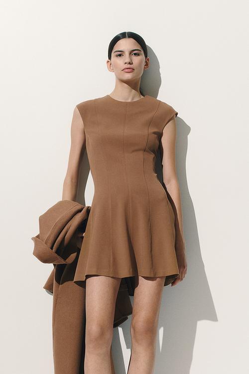 Flared-skirt twill dress - dark beige