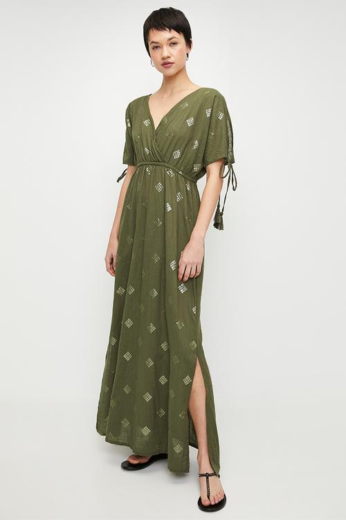 V-neck Cover-Up side slit Maxi Dress - Khaki