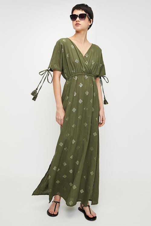 V-neck Cover-Up side slit Maxi Dress - Khaki