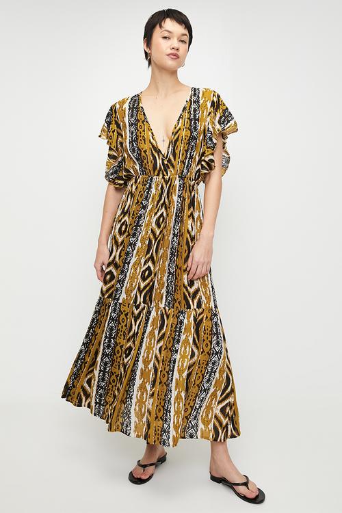 Cap Sleeve easy wearing Maxi Dress with elasticated waist - Mustard