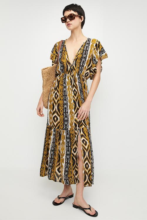 Cap Sleeve easy wearing Maxi Dress with elasticated waist - Mustard
