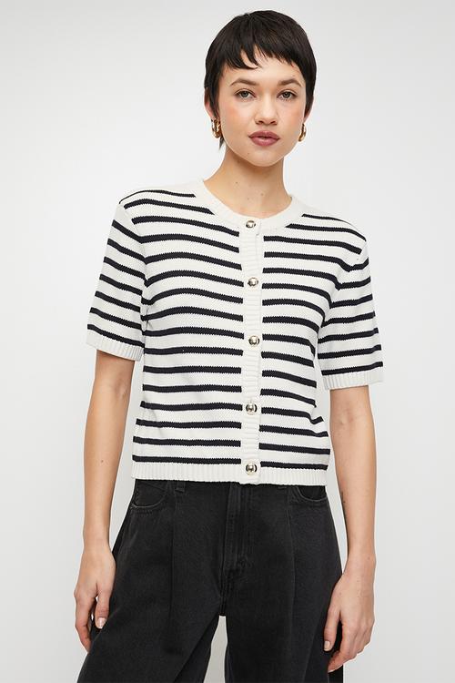 Short-sleeved cardigan - White Dusty & navy stripes