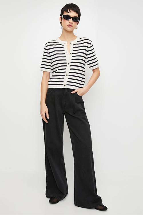 Short-sleeved cardigan - White Dusty & navy stripes
