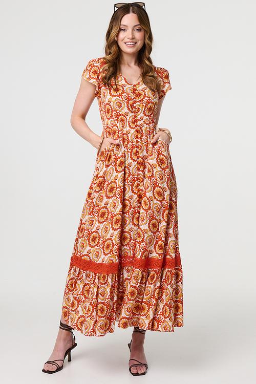 Cap flutter sleeve button through Maxi Dress - orange