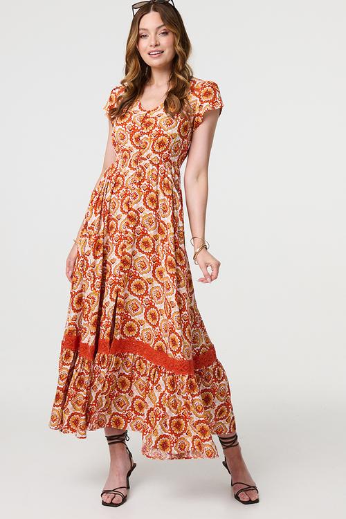 Cap flutter sleeve button through Maxi Dress - orange