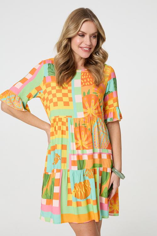 Midi Dress with half sleeve with frill sleeve - multi