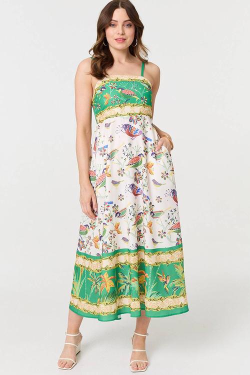 Strappy Maxi Dress with bird detail in print - green