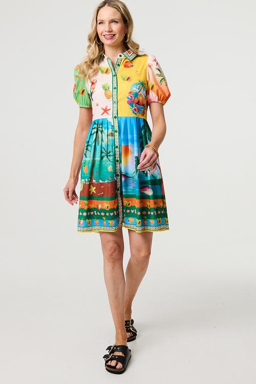 Puff Sleeve multi tropical button through Shirt Dress - multi
