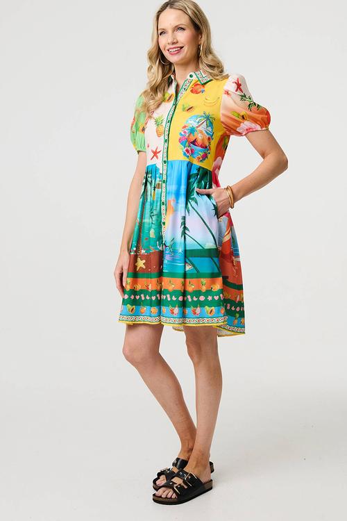 Puff Sleeve multi tropical button through Shirt Dress - multi