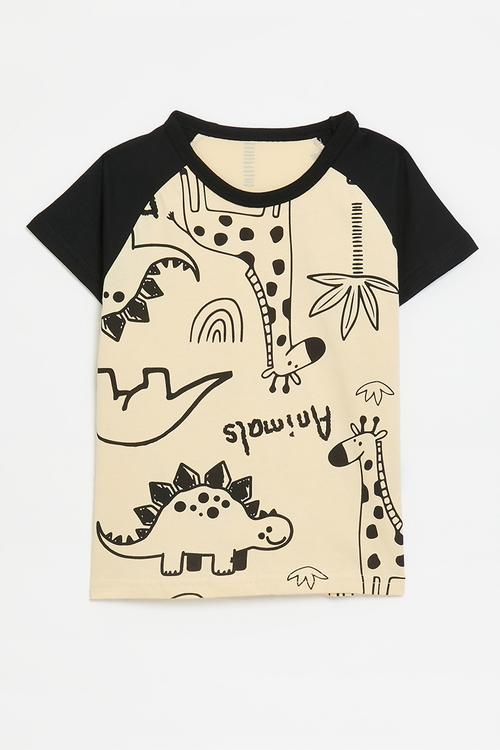 Printed contrast tee - black/beige/multi