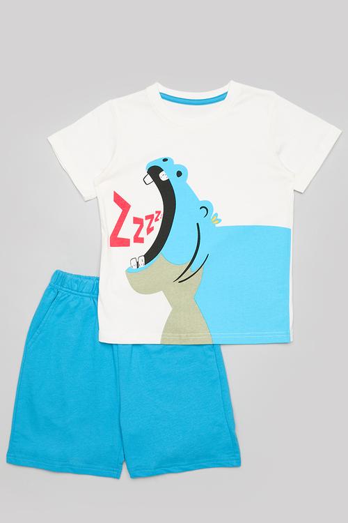 Sleepy hippo graphic print tee with shorts - white/blue