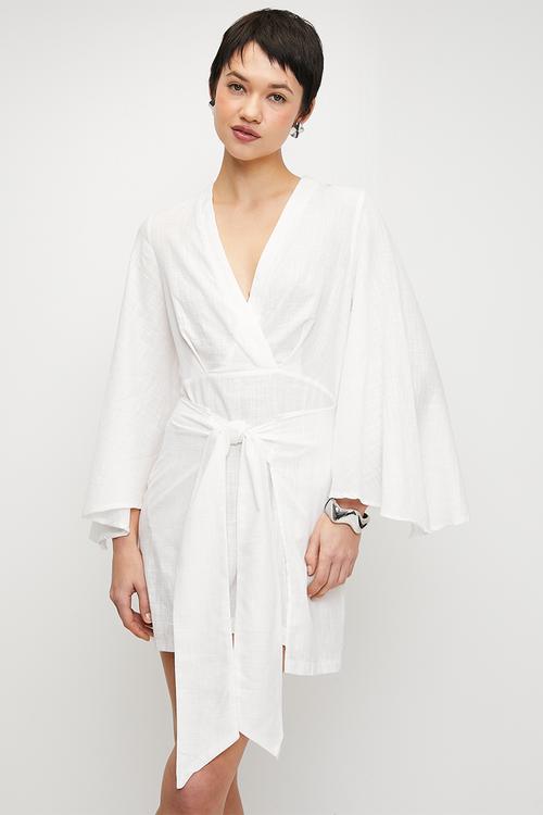 Woven Flamed Cotton Tied Mini Beach Dress - White 